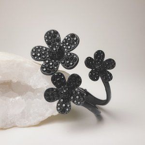 Black Metal Flower Rhinestone Jewel Crystal Floral Clamp Cuff Statement Bracelet